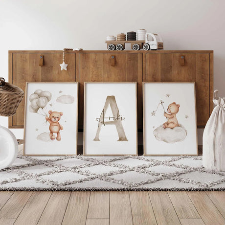 Set of three teddy bear nursery prints with a custom initial for baby nursery 
