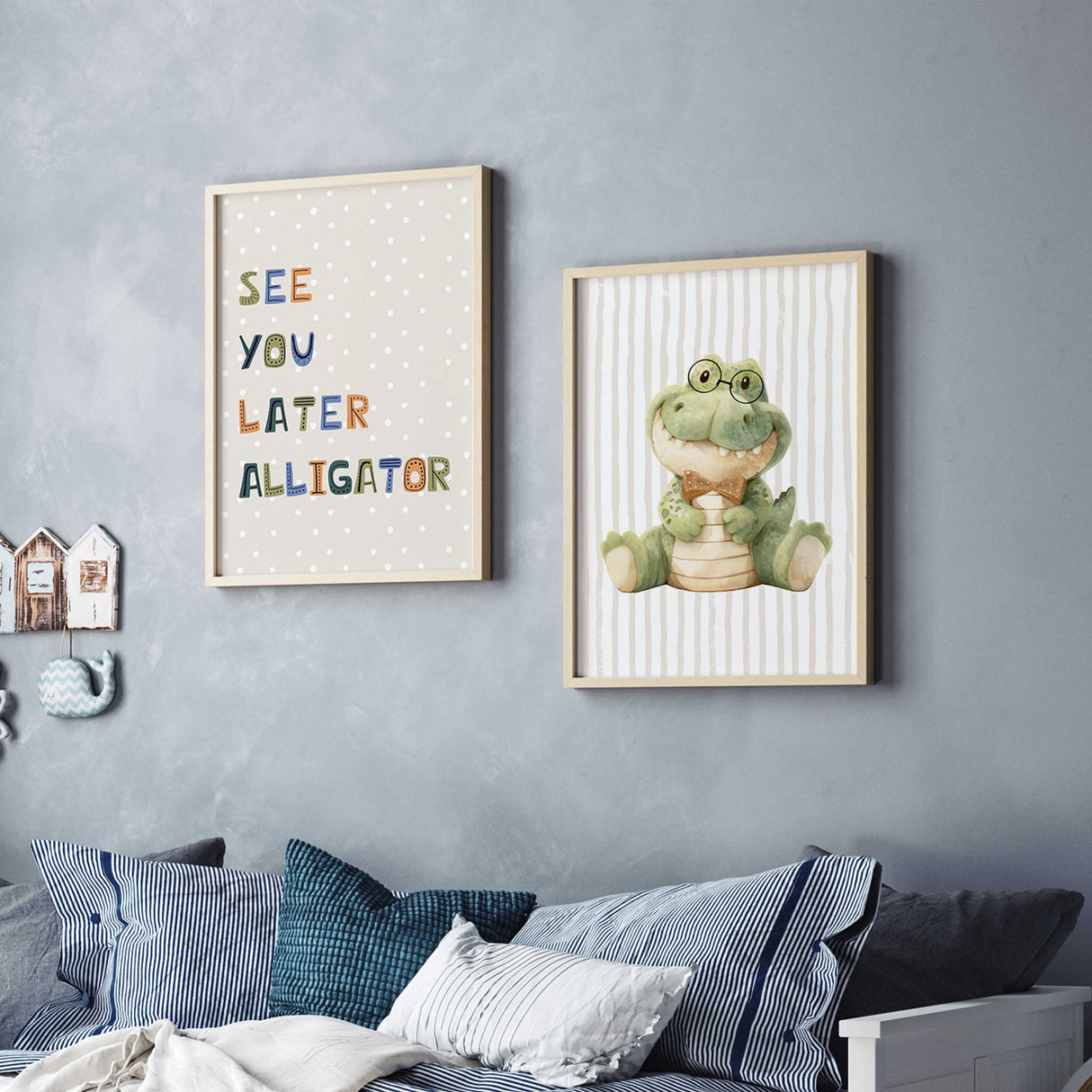 Nursery wall art featuring a cute green alligator wearing glasses and holding a toy, with the text "SEE YOU LATER ALLIGATOR" in colorful letters on a polka-dotted background. Perfect for baby showers and nursery decor