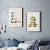 Nursery wall art featuring a cute green alligator wearing glasses and holding a toy, with the text "SEE YOU LATER ALLIGATOR" in colorful letters on a polka-dotted background. Perfect for baby showers and nursery decor