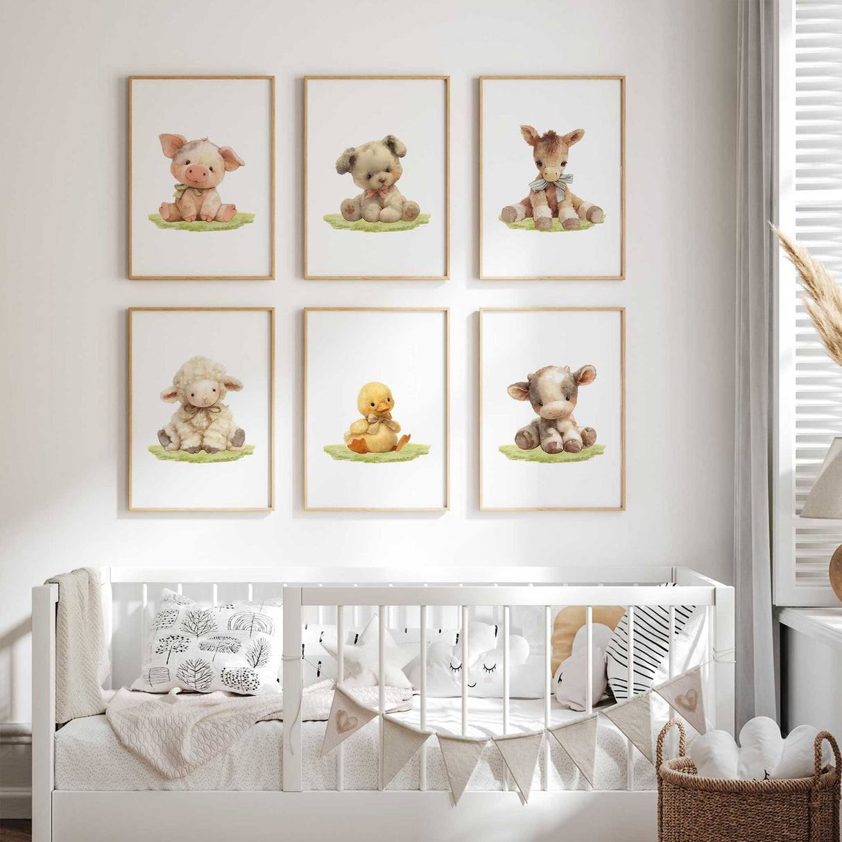 Nursery wall art set featuring six prints of cute animals: cow, lamb, pig, donkey, duck, and dog. Perfect for baby showers and nursery decor.