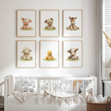 Nursery wall art set featuring six prints of cute animals: cow, lamb, pig, donkey, duck, and dog. Perfect for baby showers and nursery decor.