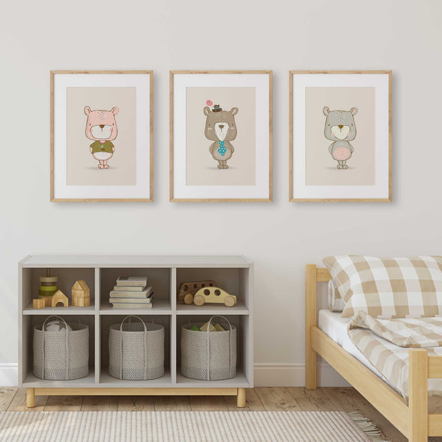 set of three bear wall art prints for boys room