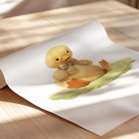Cute baby duck plush sitting on grass with bow tie – nursery decor or baby room wall art print.