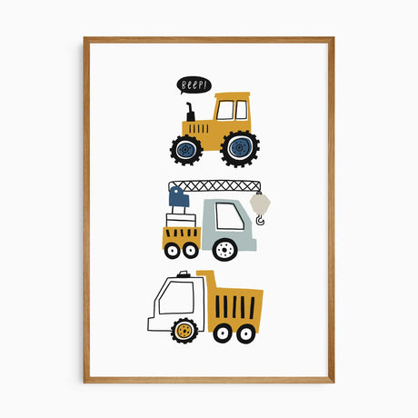 Cute construction vehicle nursery wall art featuring a yellow tractor, crane truck, and dump truck in a playful cartoon style.