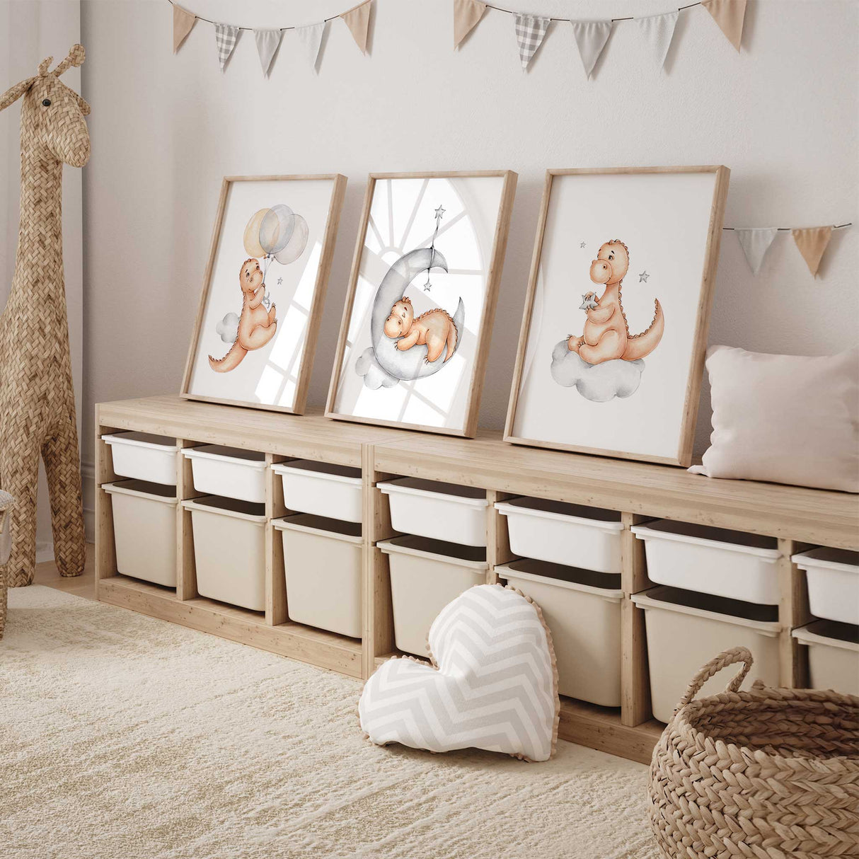 Cute dinosaur nursery trio wall art set for boys bedroom decoration