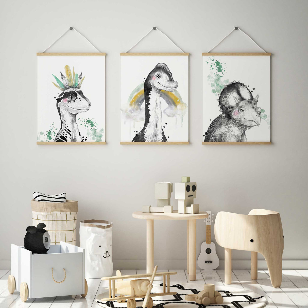 cute dinosaur print set for childrens room wall decor