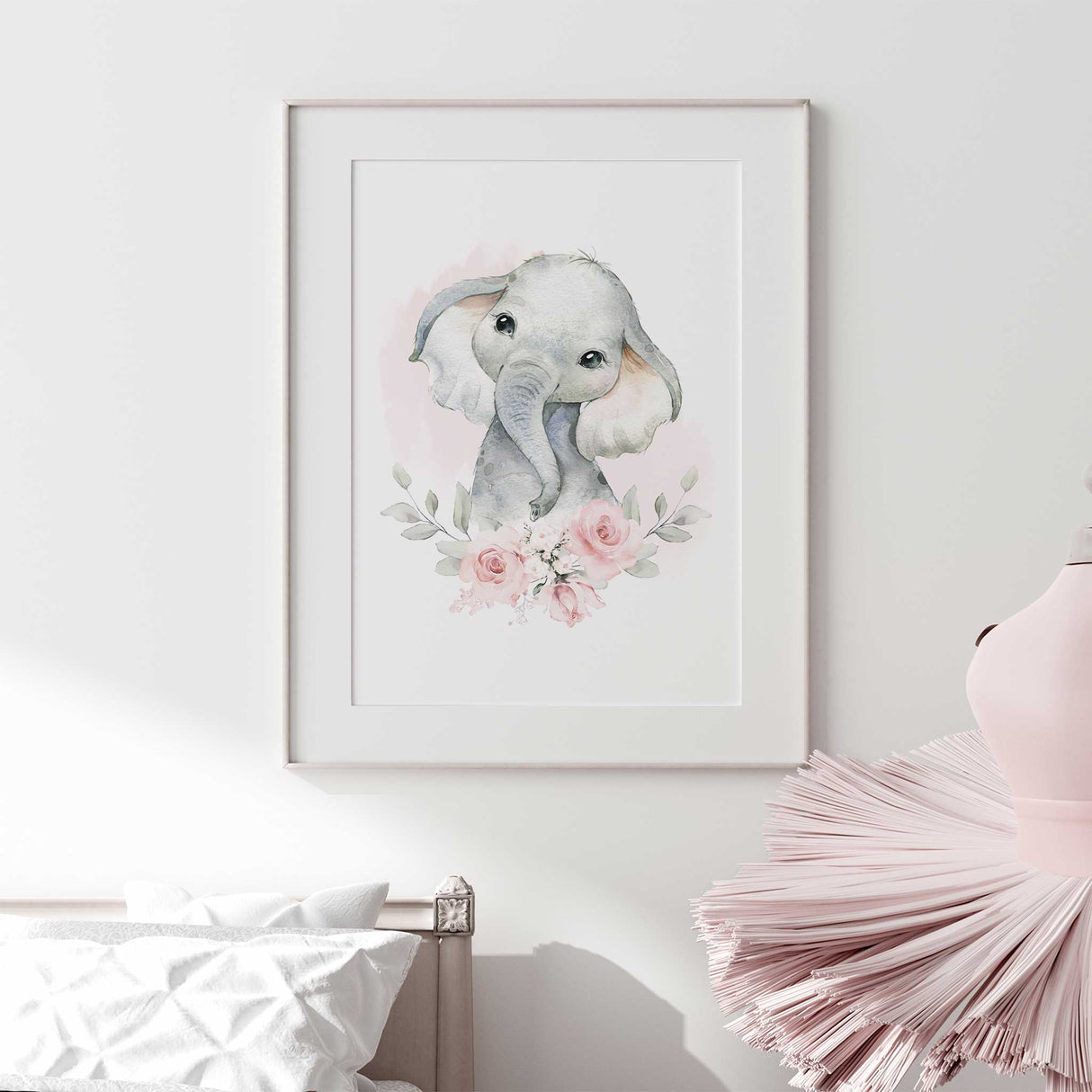 Adorable elephant with pink flowers, nature inspired nursery wall art