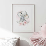 Adorable elephant with pink flowers, nature inspired nursery wall art