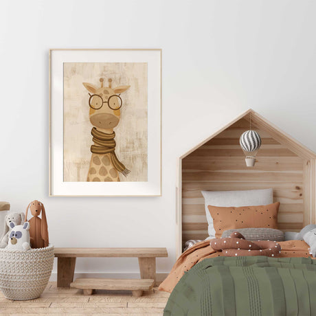 Charming giraffe illustration wearing glasses and scarf for kids’ bedroom decor