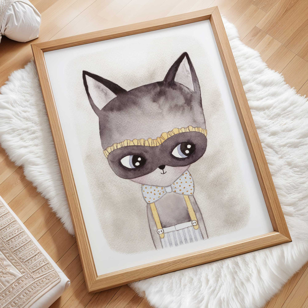 Grey cat bedroom print with large expressive eyes, spotted bow tie and warm yellow accents on a light background