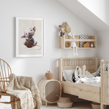 Cute mouse baby room wall art print with soft character design for calming and cosy nursery décor styling