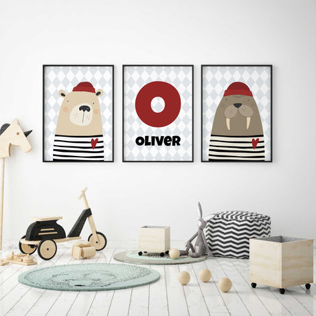 Set of cute nautical animal prints for boys nursery featuring bear, walrus, and custom name.