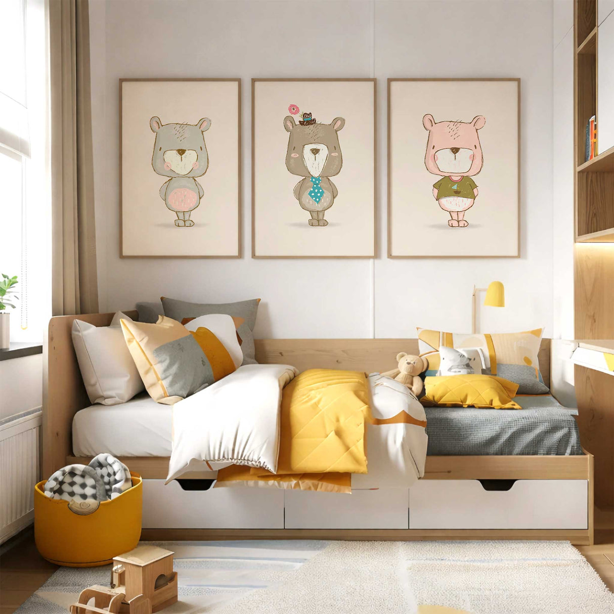 cute illustrated bear nursery print set for baby room