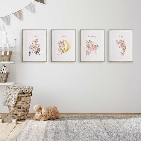 Watercolour bunny art print set with inspirational quotes, adding warmth to any girls space.
