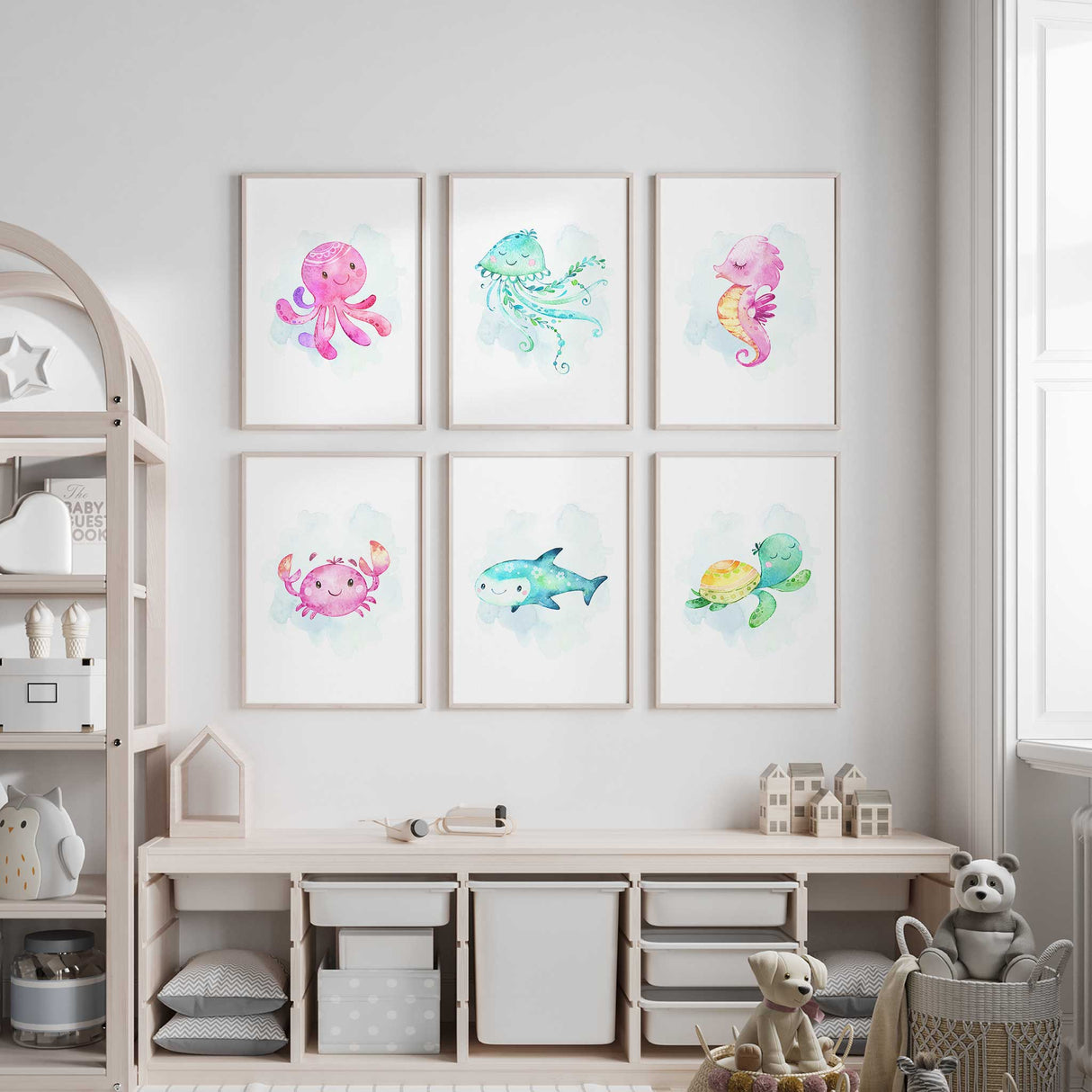 Ocean themed wall art set in soft pastel tones