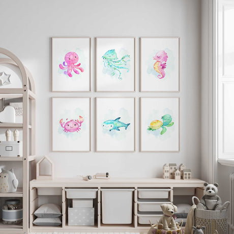Ocean themed wall art set in soft pastel tones