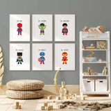 Set of six superhero prints featuring medium to dark skin tone characters with simple motivational messages.