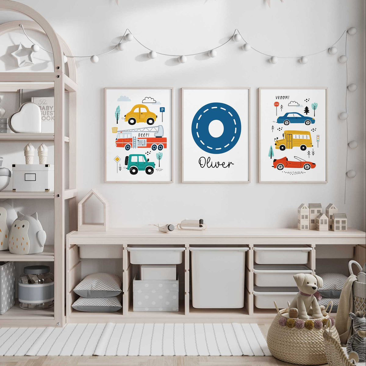 Personalised vehicle prints with colourful cars, a bus, fire engine and tractor surrounding a blue road-style initial.