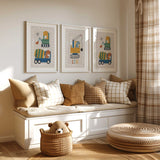 Personalised dino driving construction vehicle wall art set of three for boys room featuring digger, cement mixer and crane in warm neutral colours