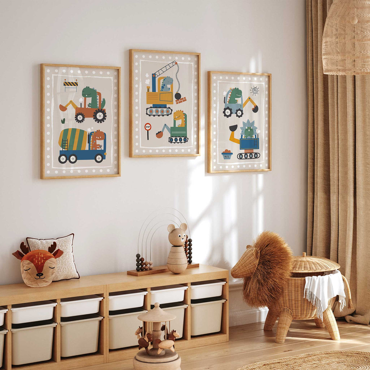 Fun dinosaur digger print in neutral tones for kids playroom or nursery wall art.