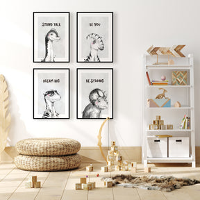 Inspire confidence with this dinosaur affirmation art set. Monochrome dino prints with quotes perfect for boys’ rooms, nurseries, or playrooms.