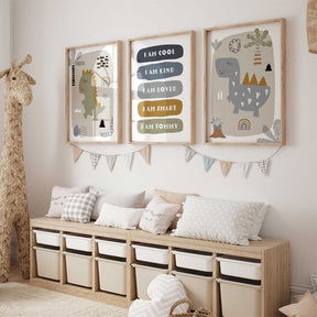 Dinosaur-themed affirmation wall art set for boys with personalised name