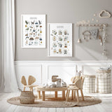 Two dinosaur prints showing an illustrated A–Z alphabet and numbers 1–12 in a matching earthy colour palette