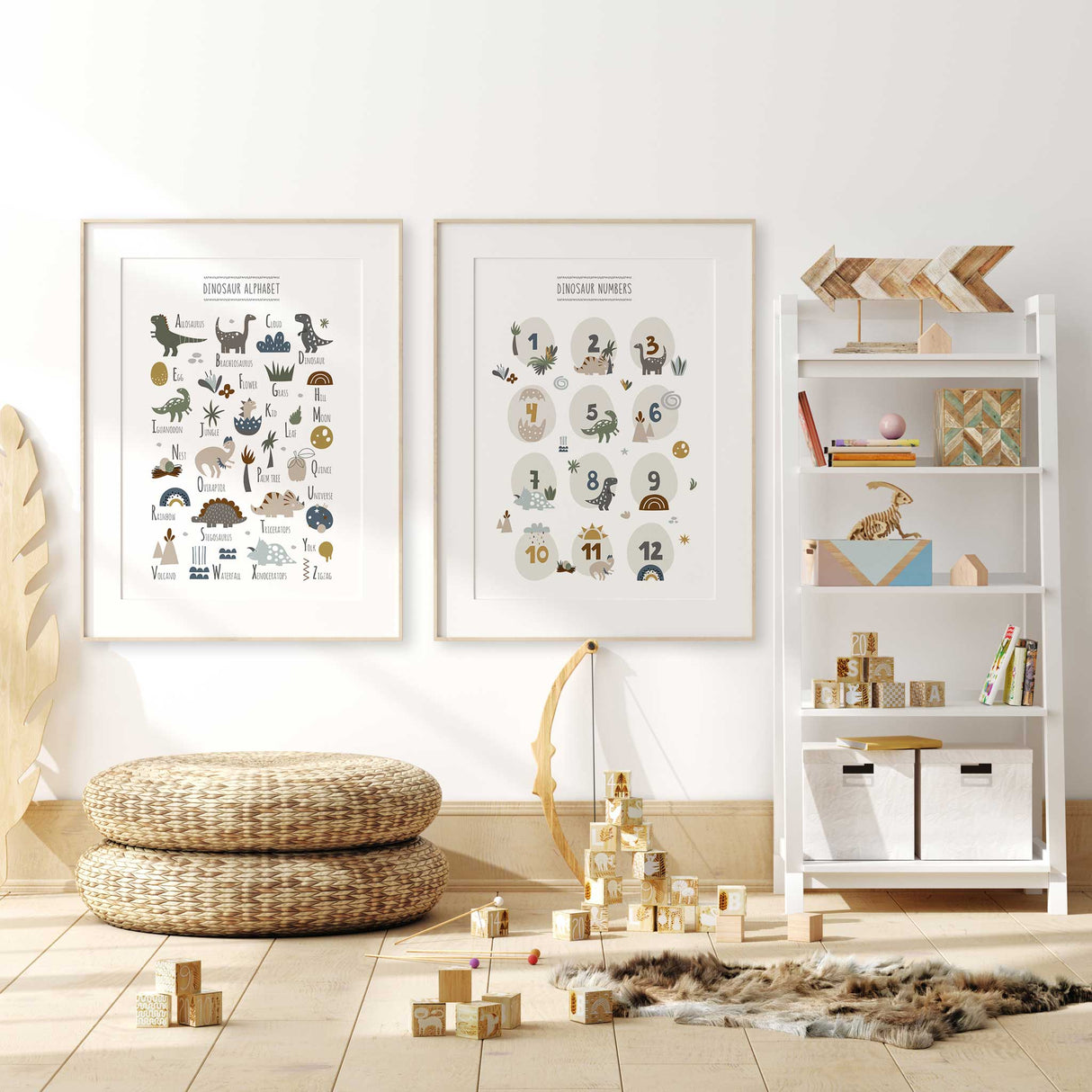 Dinosaur alphabet and numbers wall art set for boys bedroom or playroom with educational ABC and counting prints.