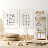 Dinosaur alphabet and numbers wall art set for boys bedroom or playroom with educational ABC and counting prints.
