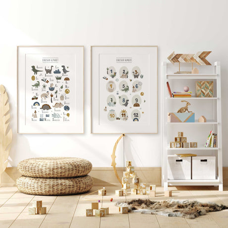 Dinosaur alphabet and numbers wall art set for boys bedroom or playroom with educational ABC and counting prints.