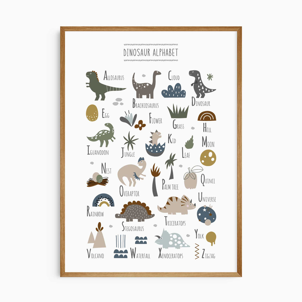 Dinosaur alphabet wall art print with a friendly dinosaur for each letter from A to Z in earthy neutral tones