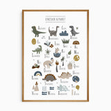 Dinosaur alphabet wall art print with a friendly dinosaur for each letter from A to Z in earthy neutral tones