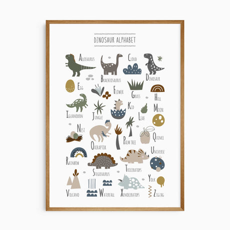 Dinosaur alphabet wall art print with a friendly dinosaur for each letter from A to Z in earthy neutral tones