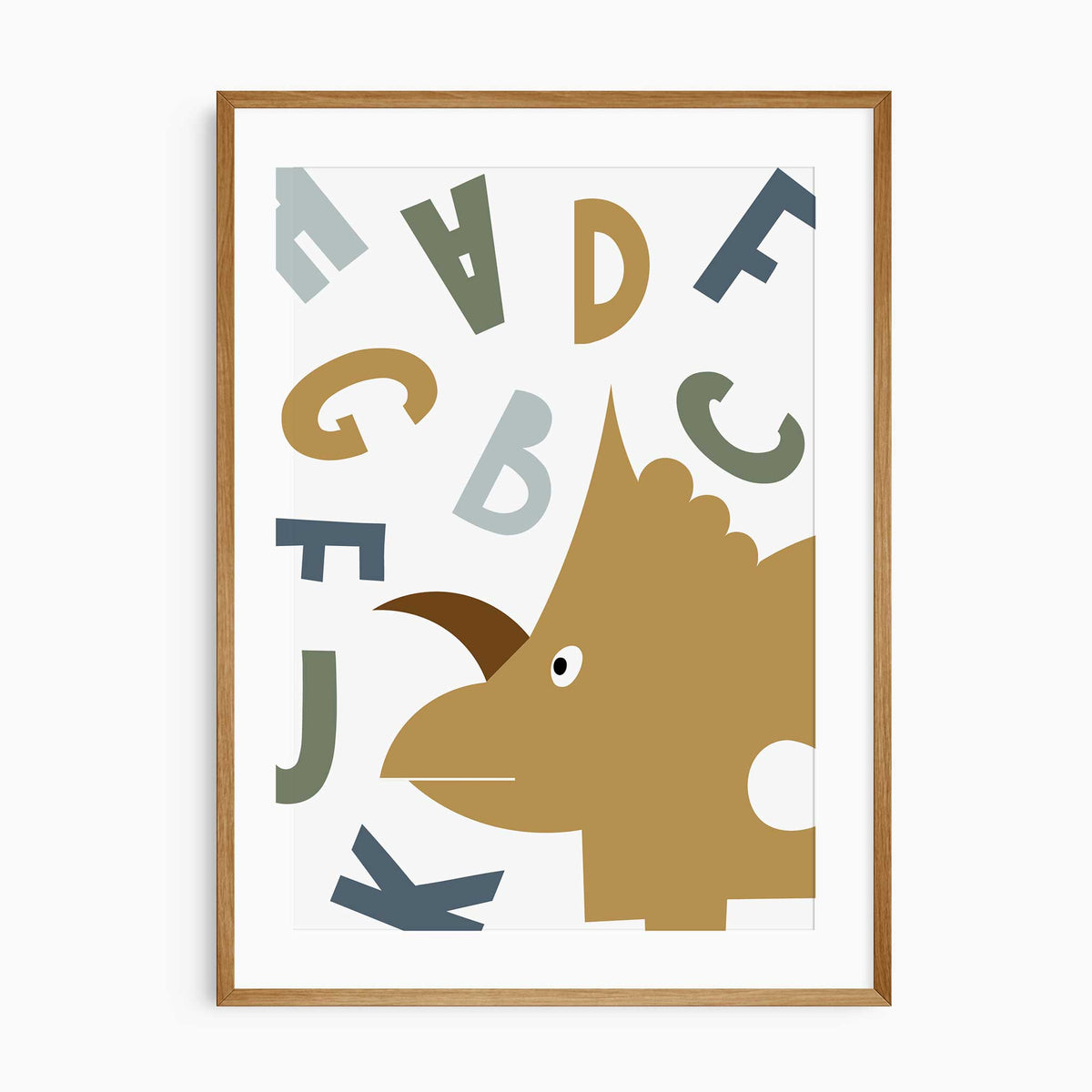 Dinosaur alphabet wall print with illustrated letters in the coordinating three-print dinosaur set