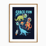 Space Fun dinosaur print with a T-Rex, Triceratops and Brachiosaurus in astronaut helmets on a deep navy background
