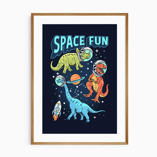 Space Fun dinosaur print with a T-Rex, Triceratops and Brachiosaurus in astronaut helmets on a deep navy background