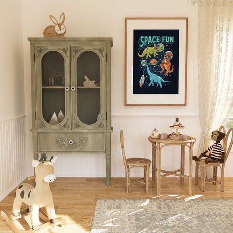 Dinosaur astronaut wall art for boys room with rocket and planet