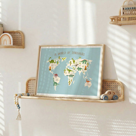Boys dinosaur bedroom print with playful dinosaurs, volcanoes, trees and a pale blue map background.