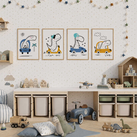 Four dinosaur prints showing characters driving a blue car, yellow car, yellow scooter and blue convertible