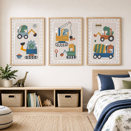 Three coordinating dinosaur construction prints featuring friendly dinosaurs driving vehicles on beige backgrounds.