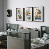 Dinosaur crane and cement truck prints designed for boys nursery or playroom wall décor.