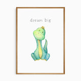 Watercolour dinosaur nursery print with quote “Dream big,” featuring a cute green dinosaur illustration, perfect wall art for boys room or dinosaur-themed kids décor.