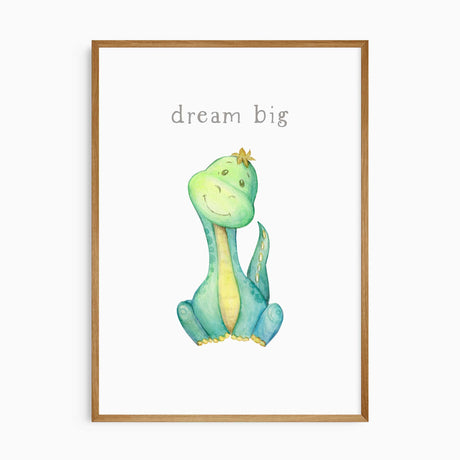 Watercolour dinosaur nursery print with quote “Dream big,” featuring a cute green dinosaur illustration, perfect wall art for boys room or dinosaur-themed kids décor.