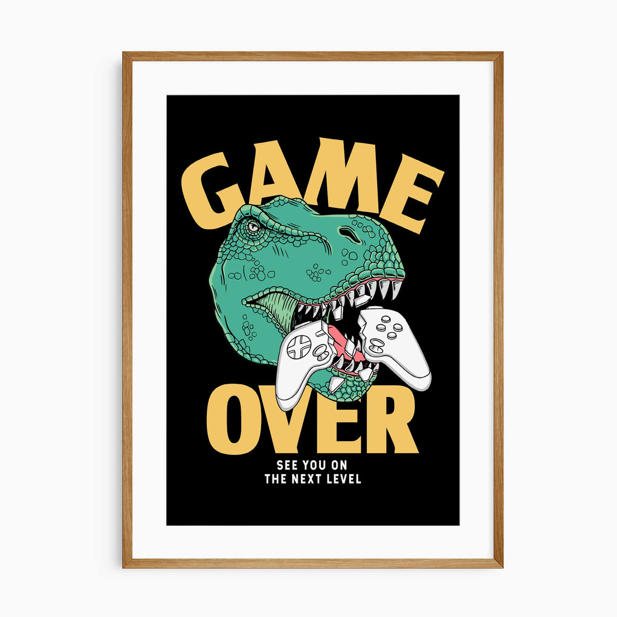 Black and yellow dinosaur gaming print showing a T-Rex biting a controller beneath bold Game Over lettering