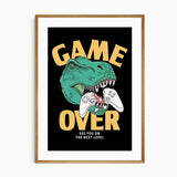 Black and yellow dinosaur gaming print showing a T-Rex biting a controller beneath bold Game Over lettering