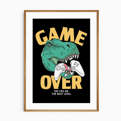 Black and yellow dinosaur gaming print showing a T-Rex biting a controller beneath bold Game Over lettering