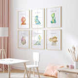 Dinosaur nursery wall art set of 6 unframed prints with positive affirmations, perfect for baby or girls room decoration.