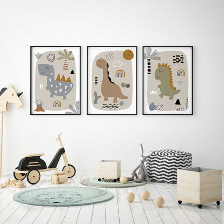 Coordinating dinosaur artwork with rounded beige shapes, small rainbows, patterned foliage and black graphic details.