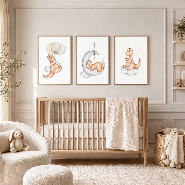 Set of three neutral dinosaur prints showing a balloon scene, a dinosaur on the moon, and a cloud and stars design