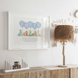 Personalised dinosaur birth print displayed in a neutral nursery, with name balloons and custom birth details